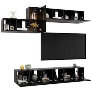 vidaXL Televizoriaus spintelių komplektas, 7 dalių, juodas, MDP