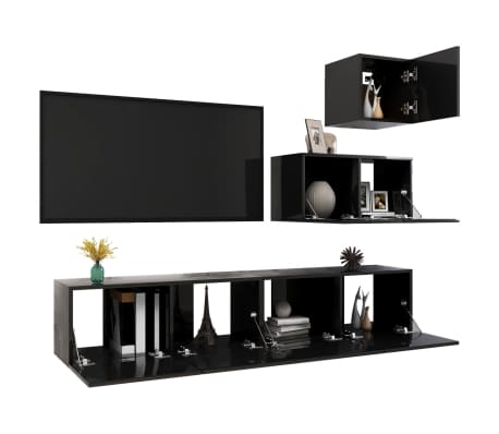 vidaXL Televizoriaus spintelių komplektas, 4 dalių, juodas, MDP