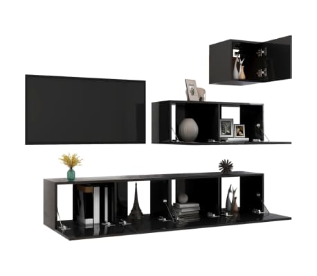 vidaXL Televizoriaus spintelių komplektas, 4 dalių, juodas, MDP