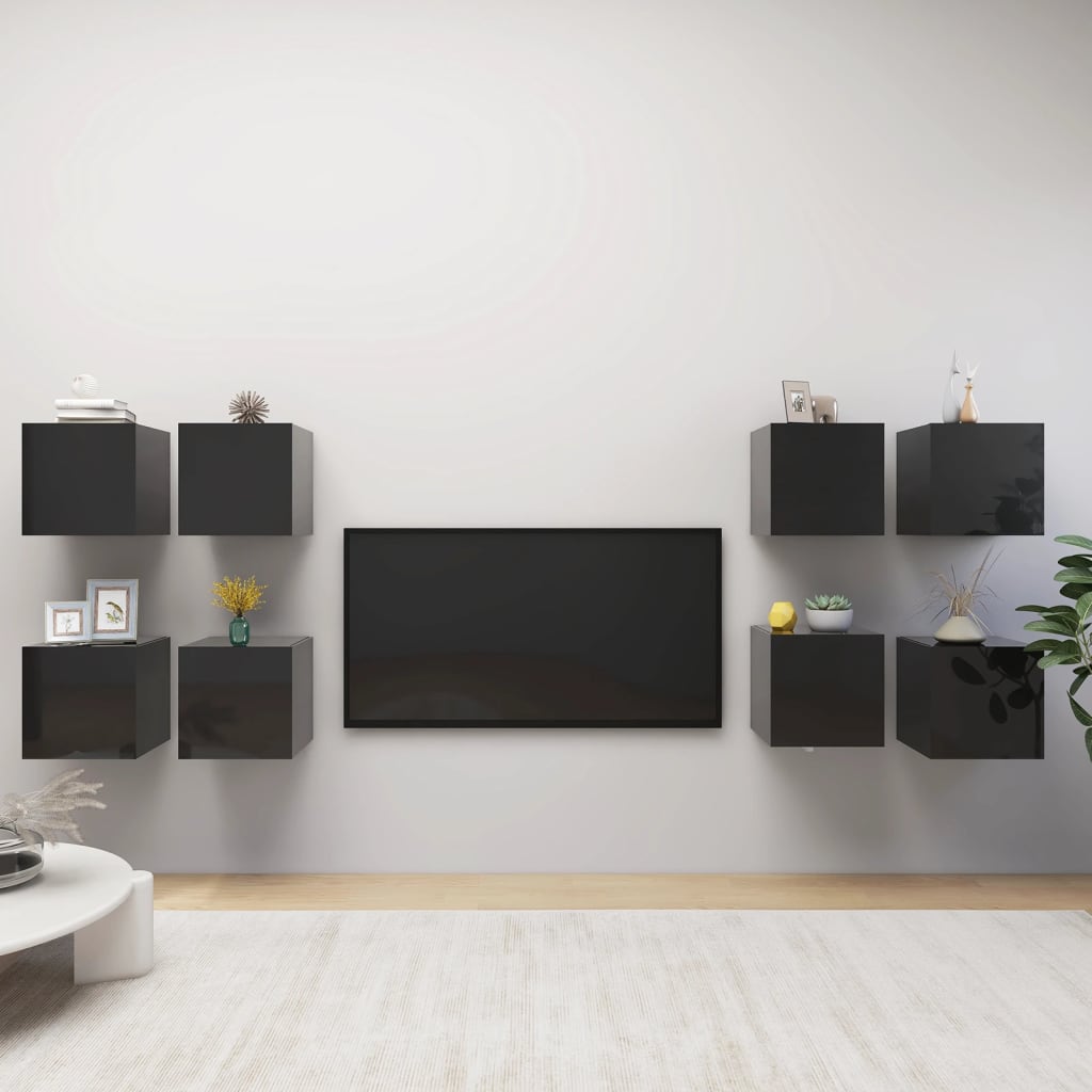 Nástěnné TV skříňky 8 ks černé s vysokým leskem 30,5x30x30 cm