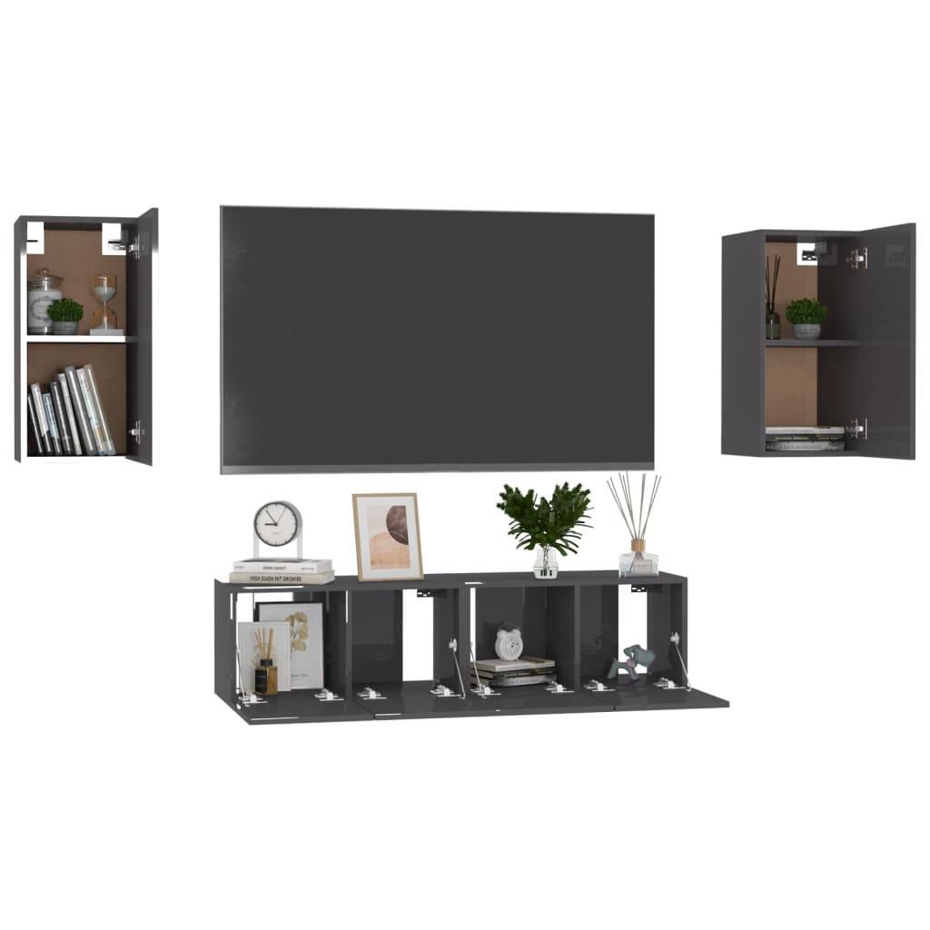 

vidaXL 4-delige Tv-meubelset spaanplaat hoogglans grijs