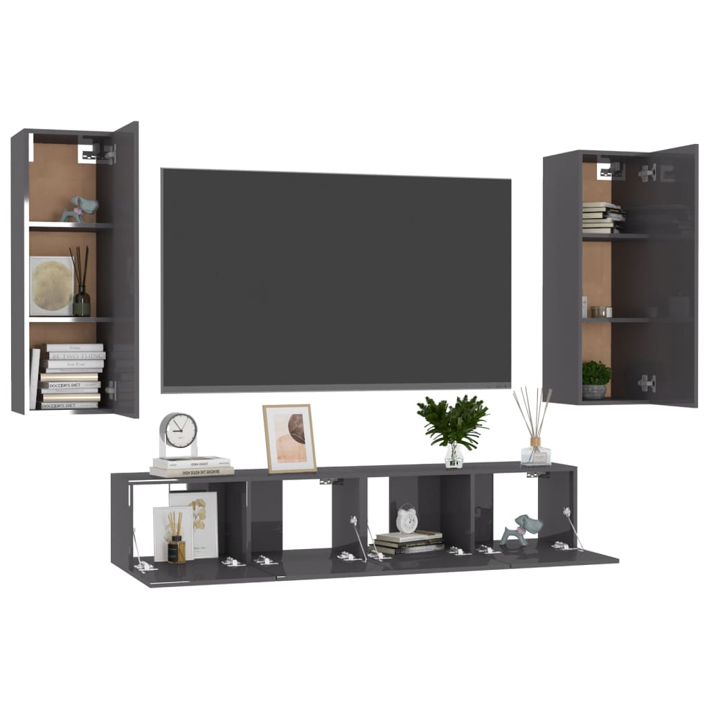 

vidaXL 4-delige Tv-meubelset spaanplaat hoogglans grijs