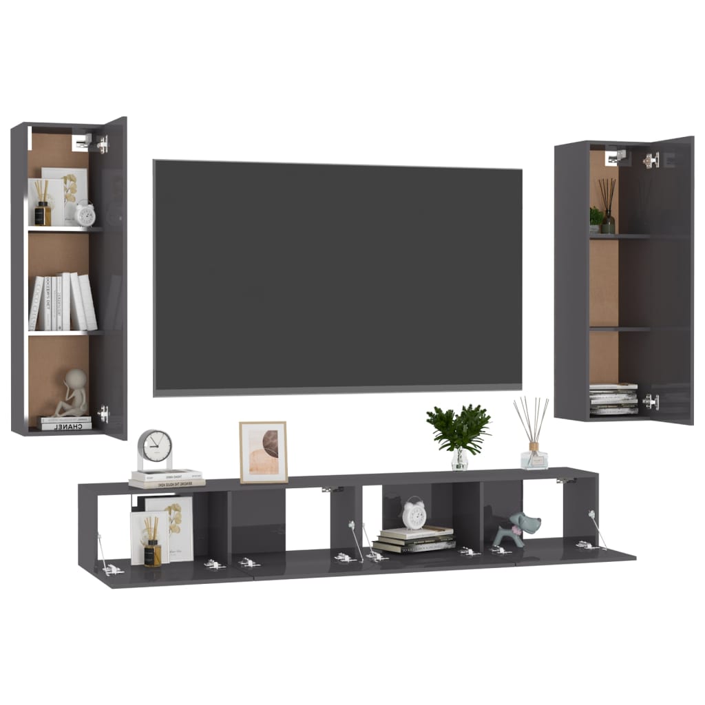 

vidaXL 4-delige Tv-meubelset spaanplaat hoogglans grijs