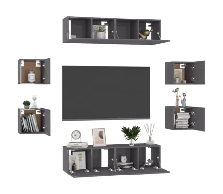 vidaXL Televizoriaus spintelių komplektas, 8 dalių, pilkas, MDP