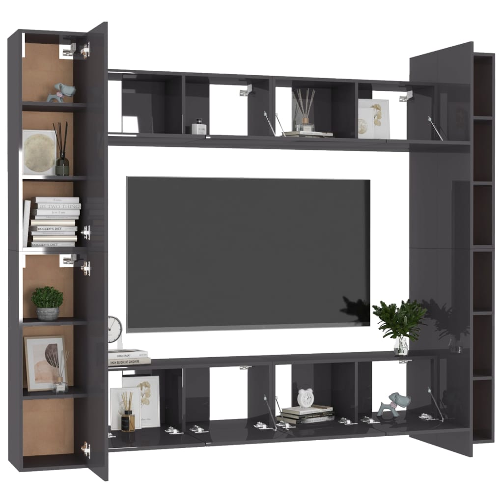 vidaXL 8 Piece TV Cabinet Set High Gloss Grey Engineered Wood