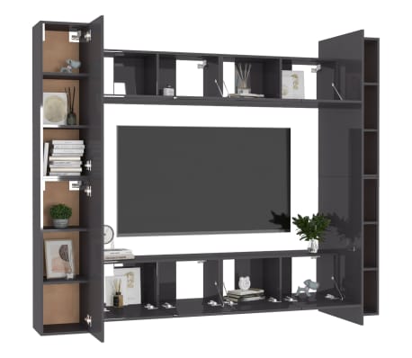 vidaXL 8 Piece TV Cabinet Set High Gloss Grey Engineered Wood