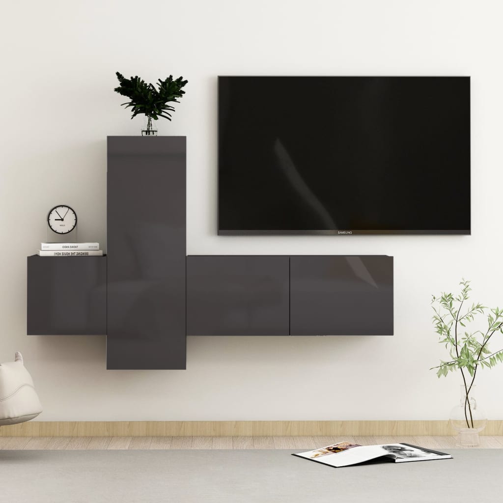 vida XL 3-tlg. TV-Schrank-Set Hochglanz-Grau Holzwerkstoff