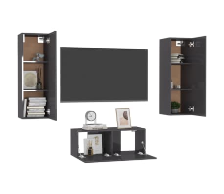 vidaXL Televizoriaus spintelių komplektas, 3 dalių, pilkas, MDP