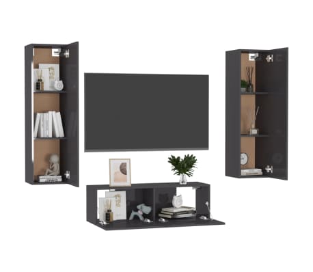 vidaXL Televizoriaus spintelių komplektas, 3 dalių, pilkas, MDP