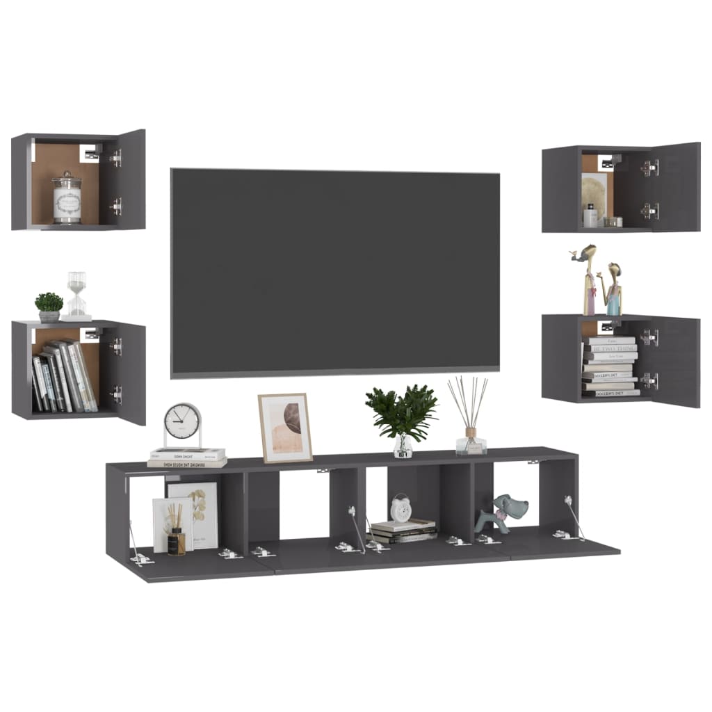 vidaXL 6-tlg. TV-Schrank-Set Hochglanz-Grau Holzwerkstoff