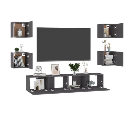 vidaXL 6 Piece TV Cabinet Set High Gloss Grey Engineered Wood