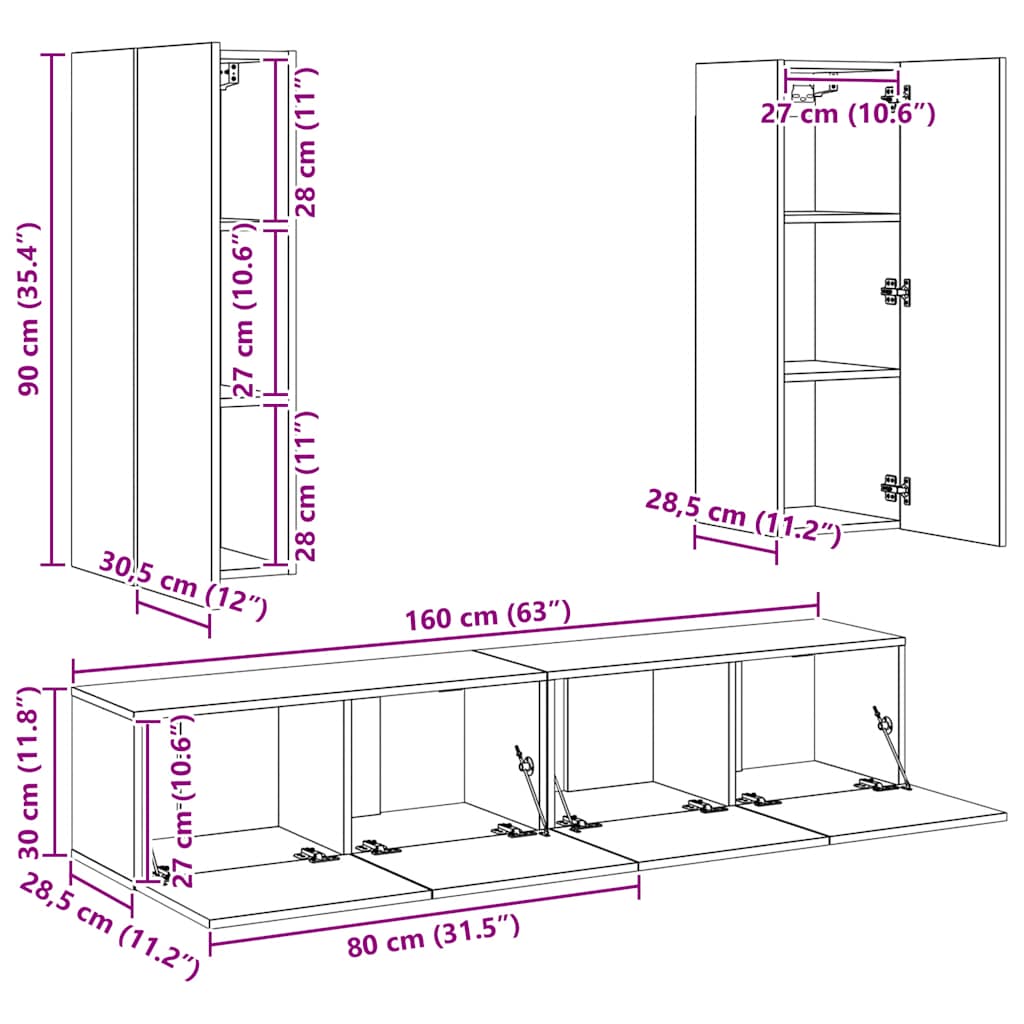 Комплект ТВ шкафове от 4 части, сив гланц, ПДЧ