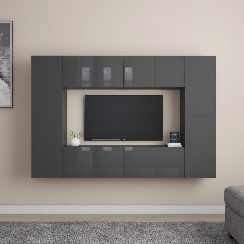 vidaXL 8 Piece TV Cabinet Set High Gloss Grey Engineered Wood