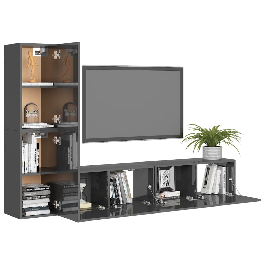 

vidaXL 4-delige Tv-meubelset spaanplaat hoogglans grijs