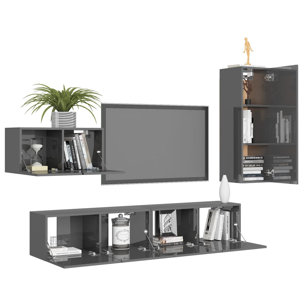 

vidaXL 4-delige Tv-meubelset spaanplaat hoogglans grijs