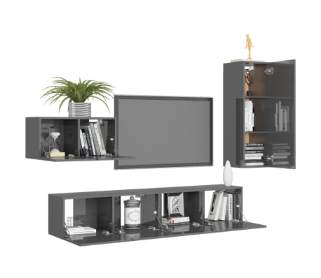vidaXL Televizoriaus spintelių komplektas, 4 dalių, pilkas, MDP