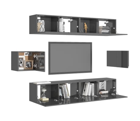 vidaXL 6 Piece TV Cabinet Set High Gloss Grey Engineered Wood