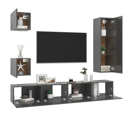 vidaXL Televizoriaus spintelių komplektas, 5 dalių, pilkas, MDP