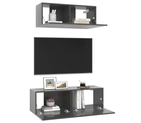 vidaXL Komplet TV omaric 2-delni visok sijaj siva iverna plošča