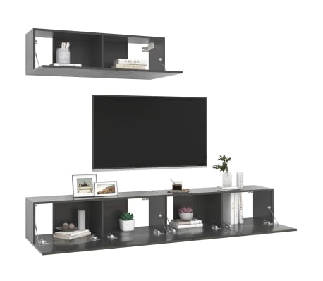 vidaXL Televizoriaus spintelės, 3vnt., pilkos spalvos, MDP, blizgios