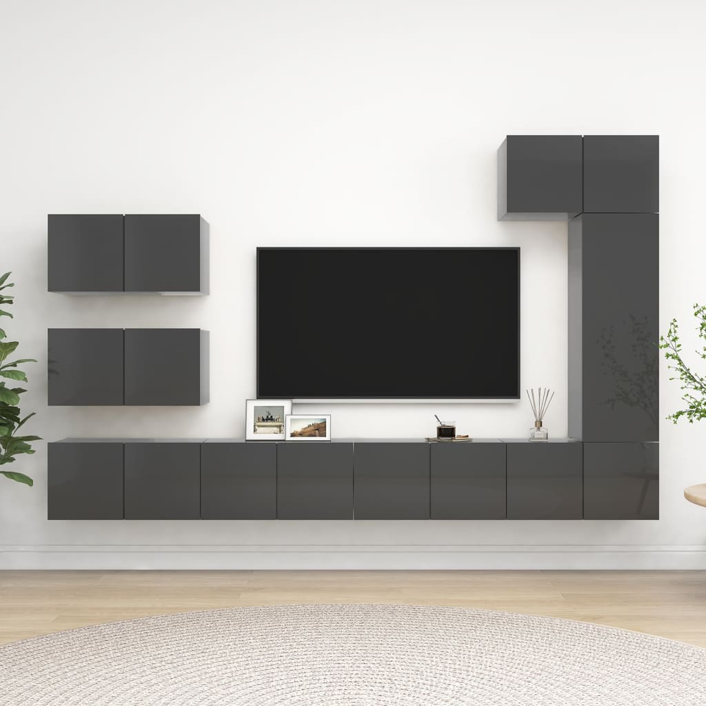 vidaXL 8 Piece TV Cabinet Set High Gloss Grey Engineered Wood