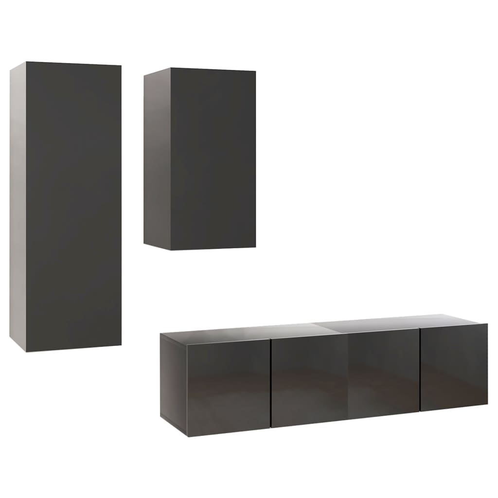 Set de dulapuri TV, 4 piese, gri extralucios, lemn prelucrat
