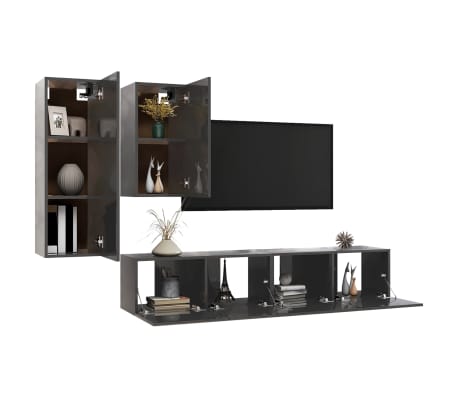 vidaXL Televizoriaus spintelių komplektas, 4 dalių, pilkas, MDP