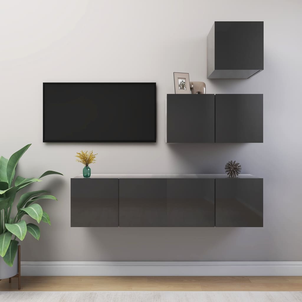 vidaXL 4 Piece TV Cabinet Set High Gloss Grey Engineered Wood