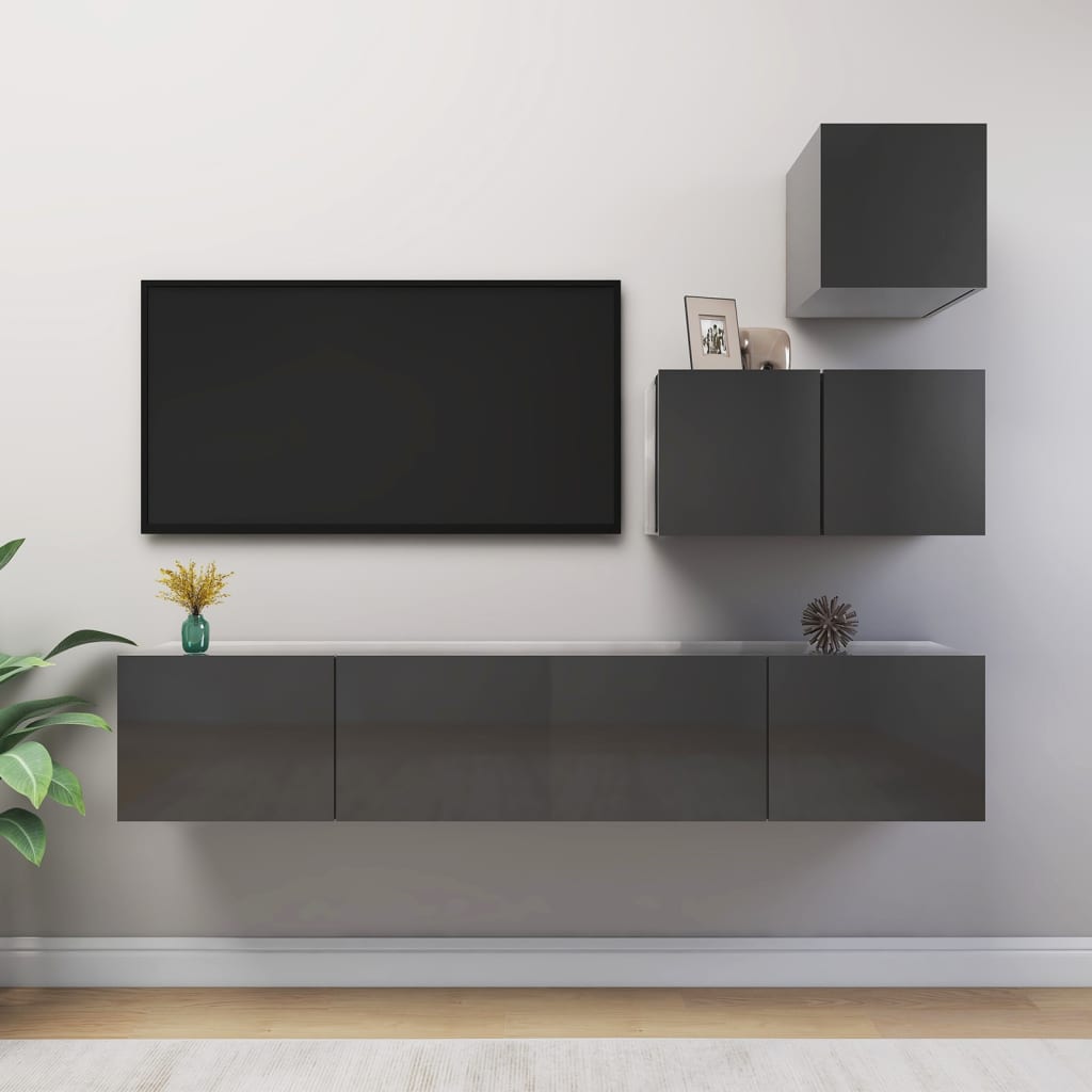 4-delige Tv-meubelset spaanplaat hoogglans grijs
