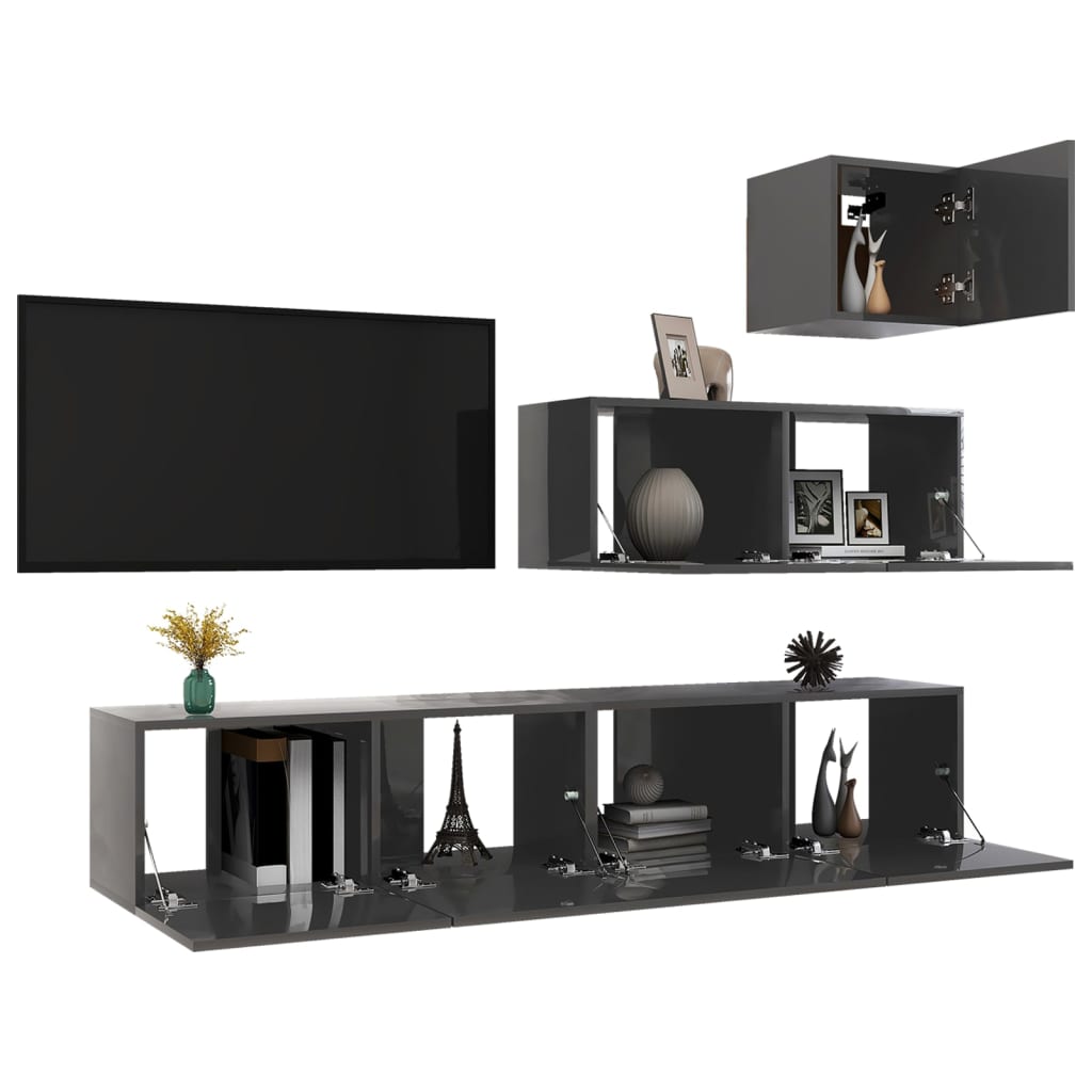 

vidaXL 4-delige Tv-meubelset spaanplaat hoogglans grijs