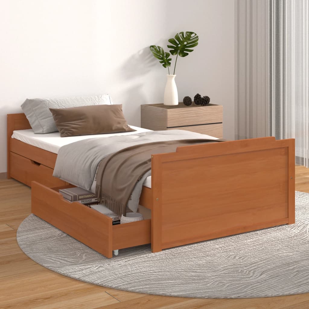 vidaXL Sängynrunko vetolaatikoilla hunajanruskea täysi mänty 90x200 cm
