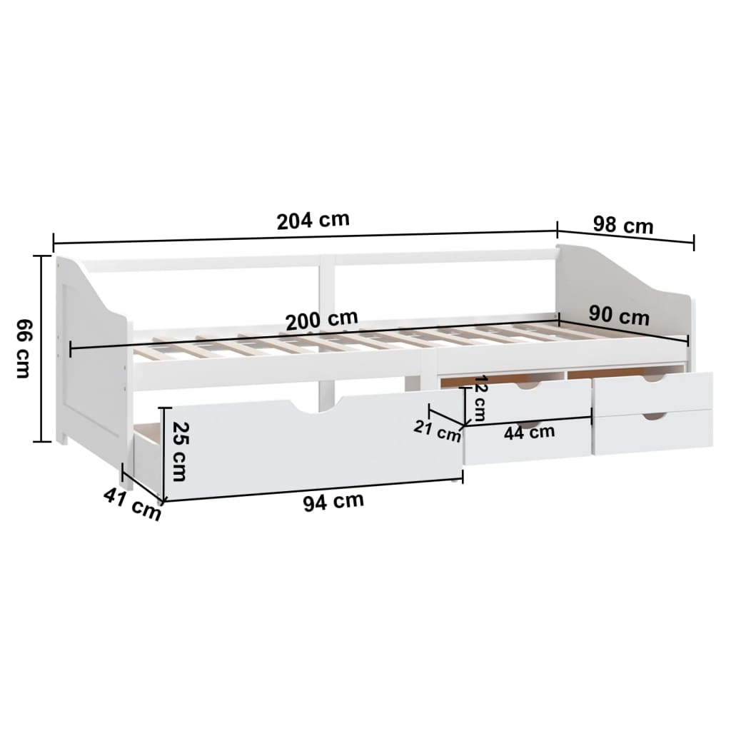 Bedbank 3-zits met lades massief grenenhout wit 90x200 cm