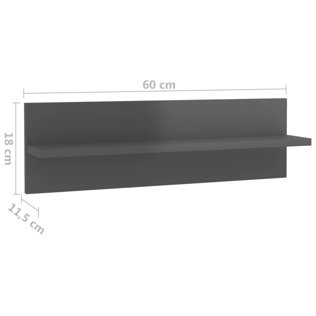 Nástěnné police 4 ks šedé vysoký lesk 60x11,5x18 cm dřevotříska