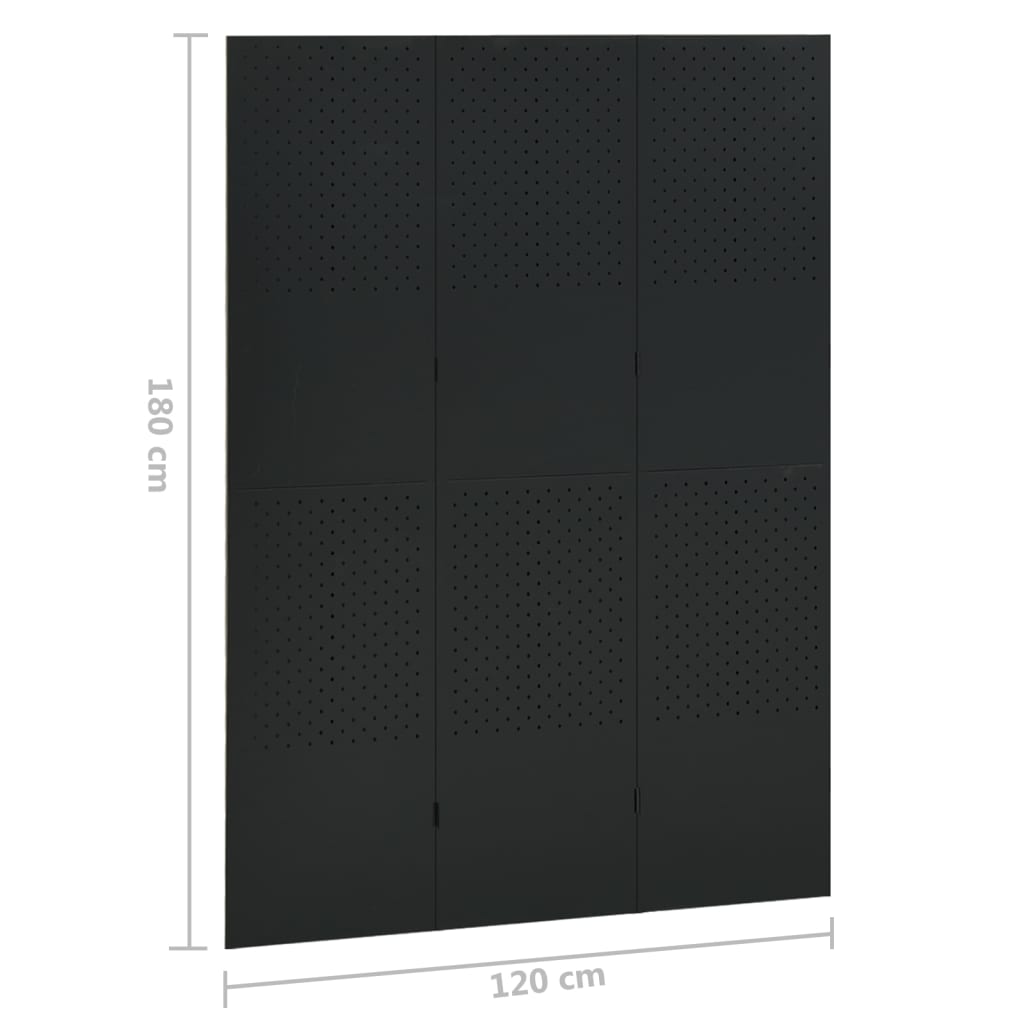 Paravan de cameră cu 3 panouri, negru, 120x180 cm, oțel