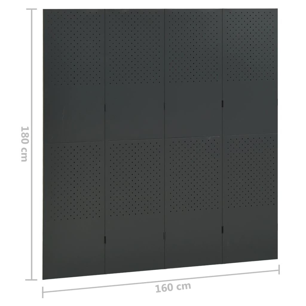 Paravan de cameră cu 4 panouri, antracit, 160x180 cm, oțel