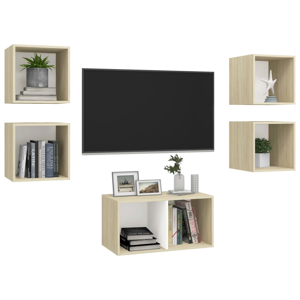 vidaXL 5-delige Tv-meubelset bewerkt hout wit en sonoma eikenkleurig afbeelding