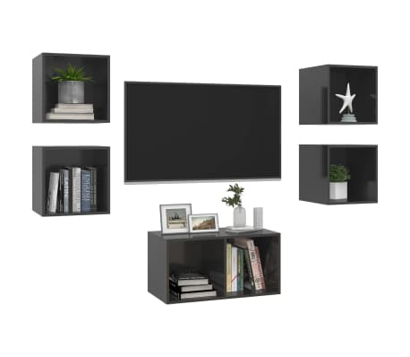 vidaXL 5-tlg. TV-Schrank-Set Hochglanz-Grau Holzwerkstoff
