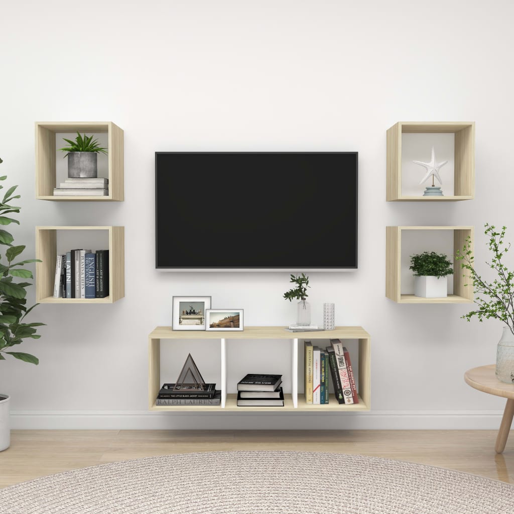 KALLAX – Ensemble de meuble TV mural 5 pcs 7 boxes Blanc et chêne sonoma | meublestv.fr