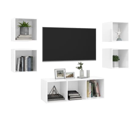 vidaXL Комплект ТВ шкафове, 5 части, бял гланц, инженерно дърво