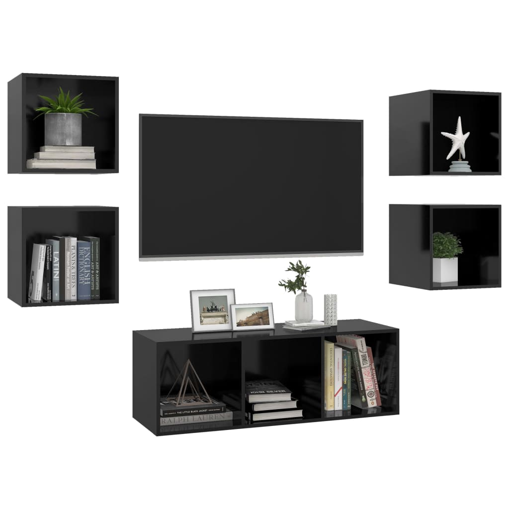 vidaXL 5 Piece TV Stand Set High Gloss Black Engineered Wood