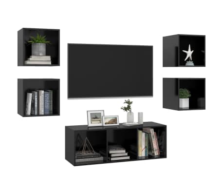 vidaXL 5 Piece TV Stand Set High Gloss Black Engineered Wood