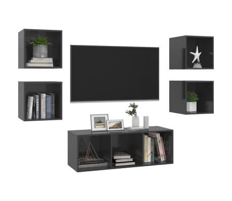 vidaXL Televizoriaus spintelių komplektas, 5 dalių, pilkas, mediena