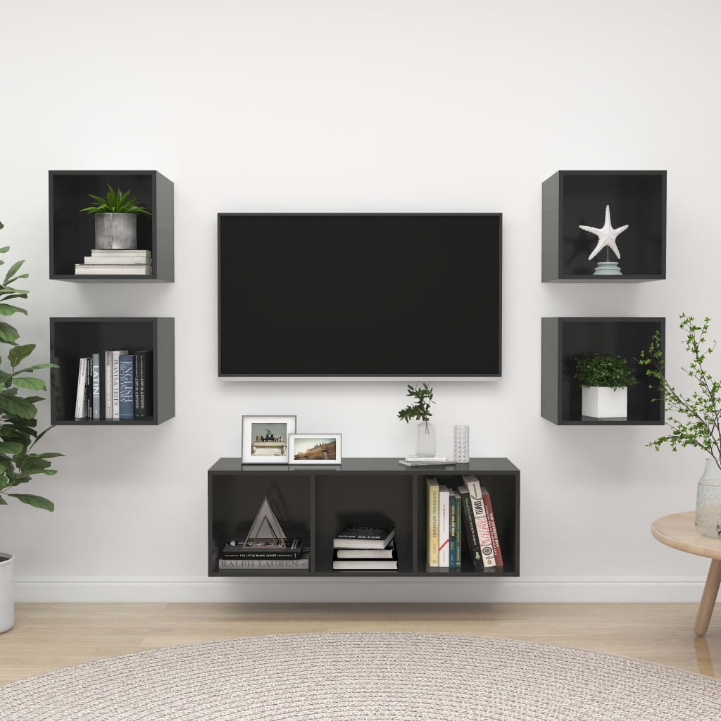 KALLAX – Ensemble de meuble TV mural 5 pcs 7 boxes Gris brillant | meublestv.fr