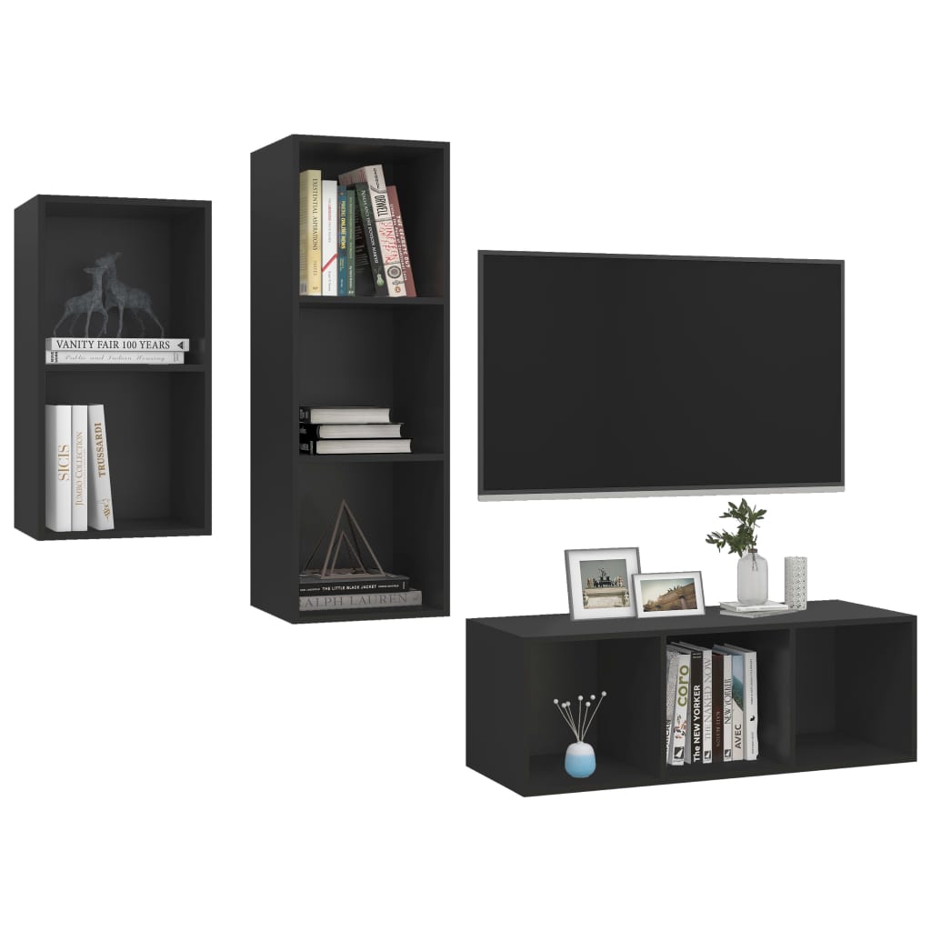 vidaXL 3-tlg. TV-Schrank-Set Schwarz Holzwerkstoff