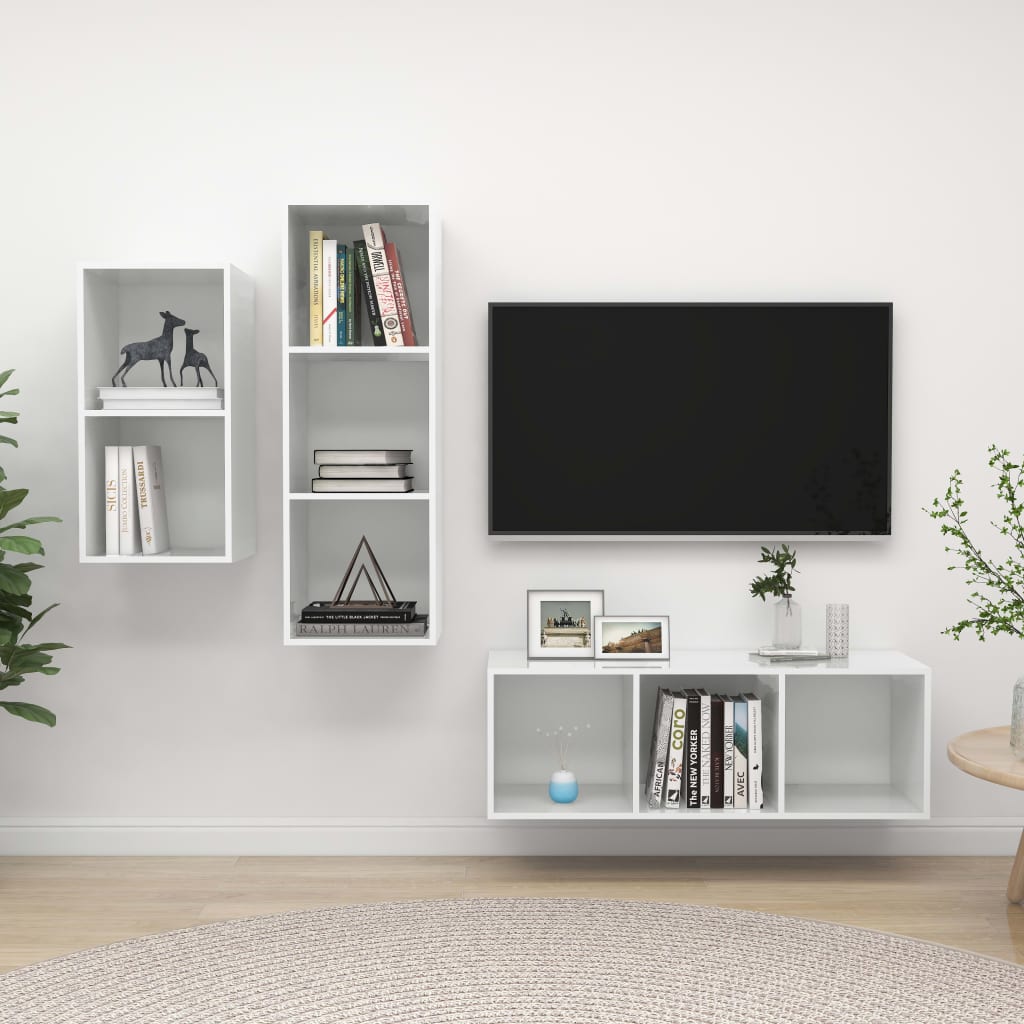 3-delige Tv-meubelset spaanplaat hoogglans wit