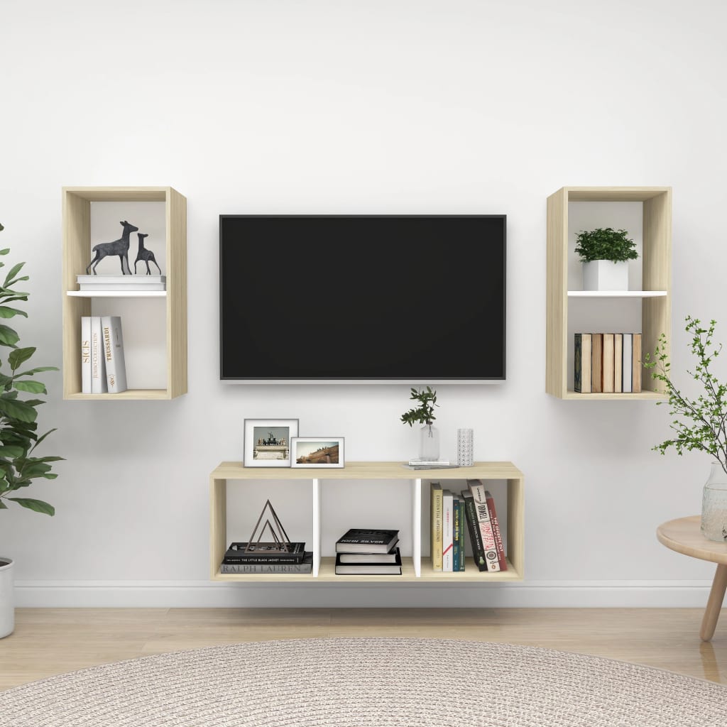 3 pz Set Porta TV，Mobili TV，Tavolino TV，Mobile da soggiorno Bianco e Rovere  Sonoma in Truciolato CNWI637861 MaisonChic