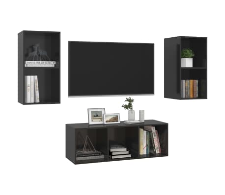 vidaXL Televizoriaus spintelių komplektas, 3 dalių, juodas, mediena