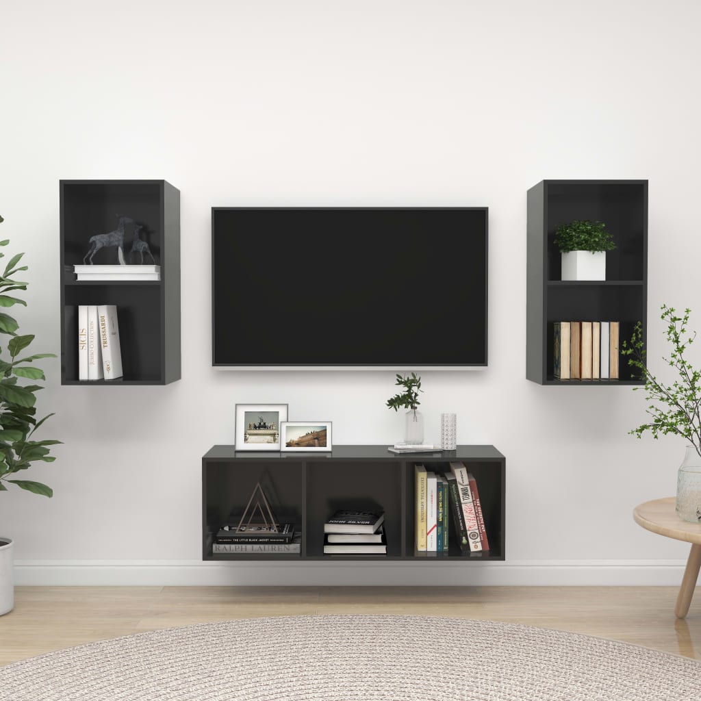 KALLAX – Ensemble de meuble TV mural 3 pcs 7 boxes Gris brillant | meublestv.fr