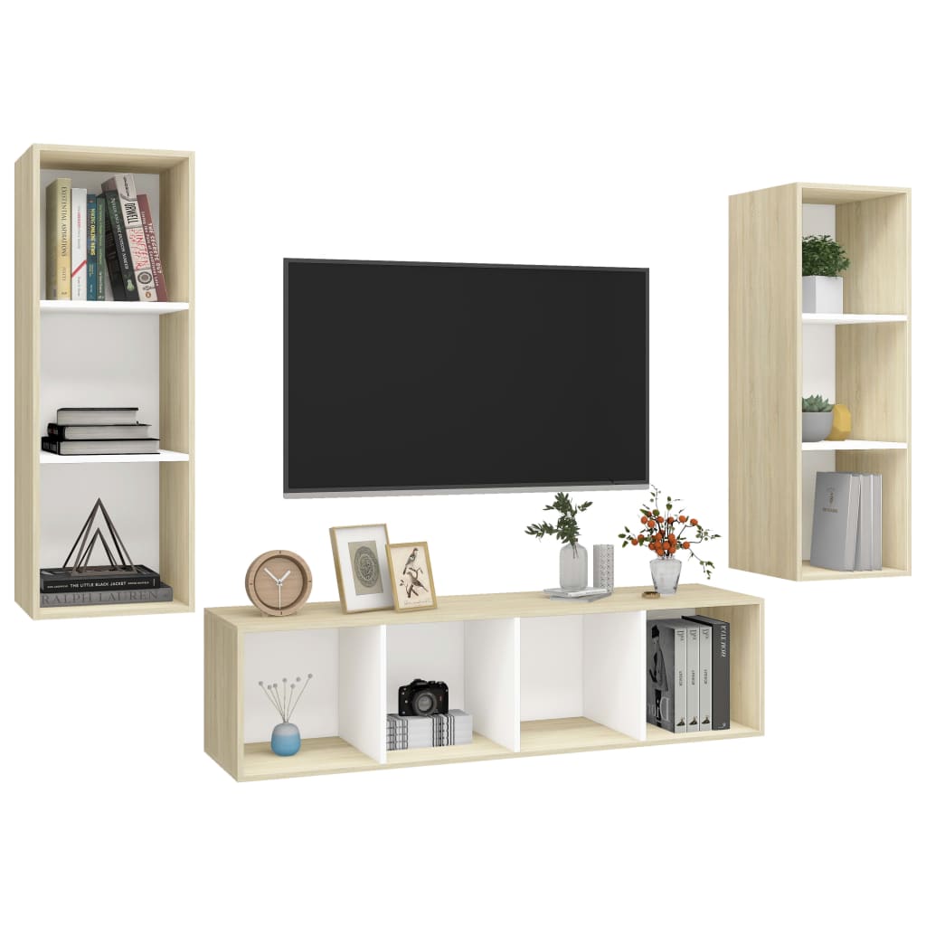 

vidaXL 3-delige Tv-meubelset spaanplaat wit en sonoma eikenkleurig