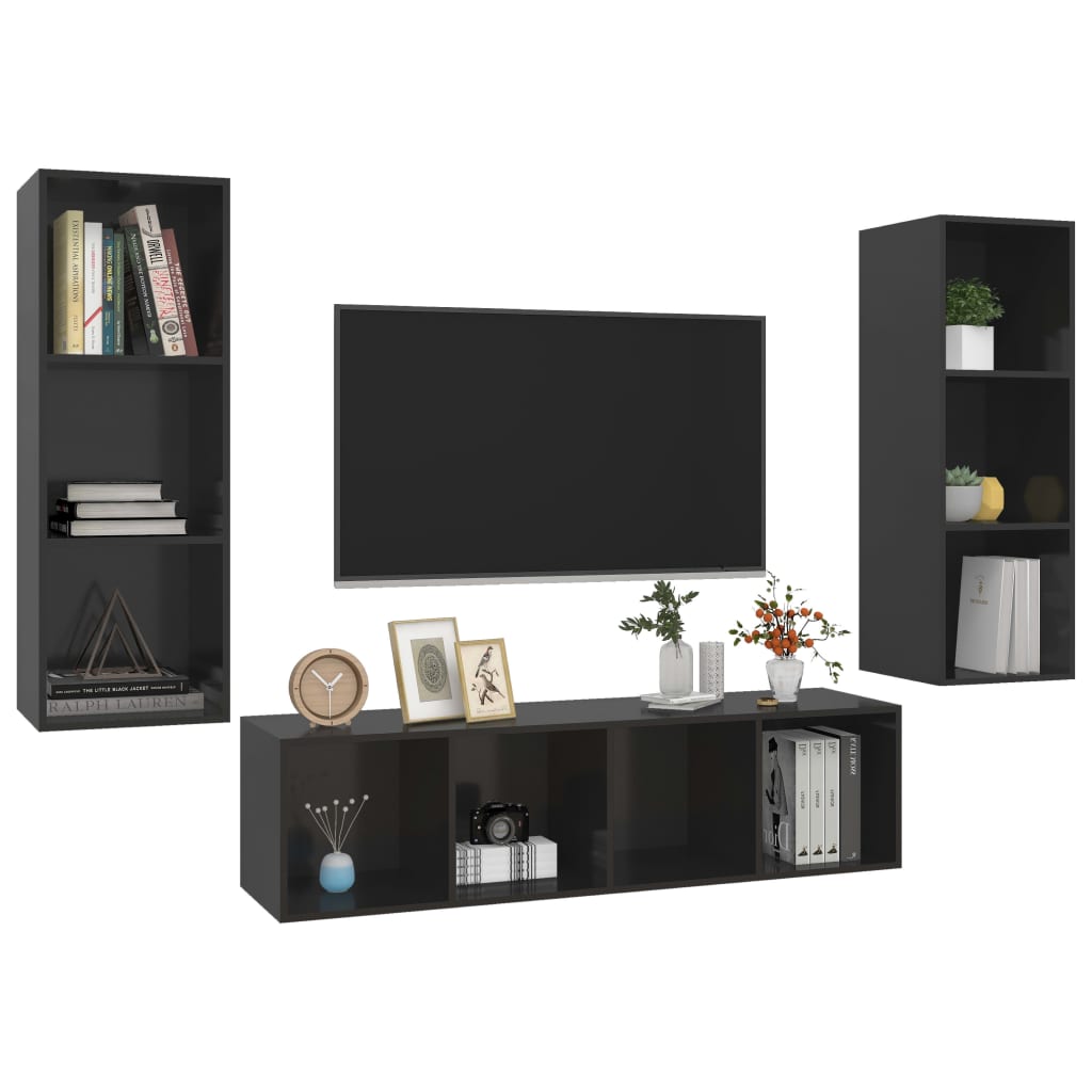 vidaXL Ensemble de meubles TV 3 pcs Noir brillant Bois d'ingénierie